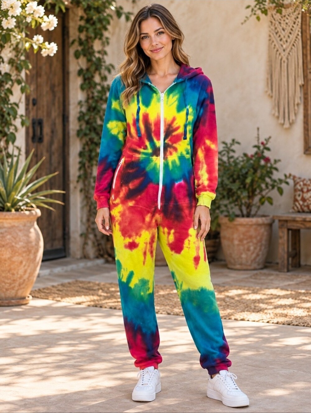 ColorTone Rainbow Tie-Dye Hooded Fleece Jumpsuit Onesie XS/S